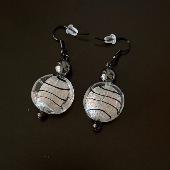 Lampwork Clear Glass Bead with Black Swirls Pierced Earrings - Picture 2 of 2